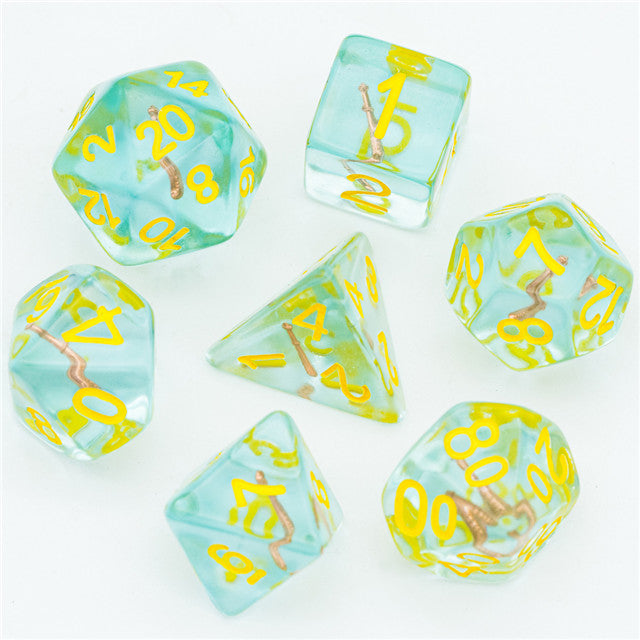 Cleric (Mace) Clear/yellow Dice w/ Golden Mace 7-Dice Set Rpg (Online Only)