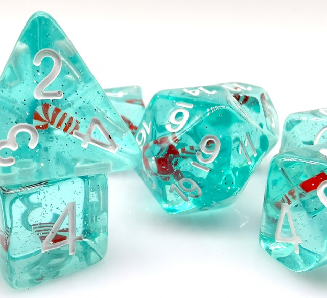 Translucent Teal w/Red & White Stocking Inclusion 7-Dice Set RPG DND (Online Only)