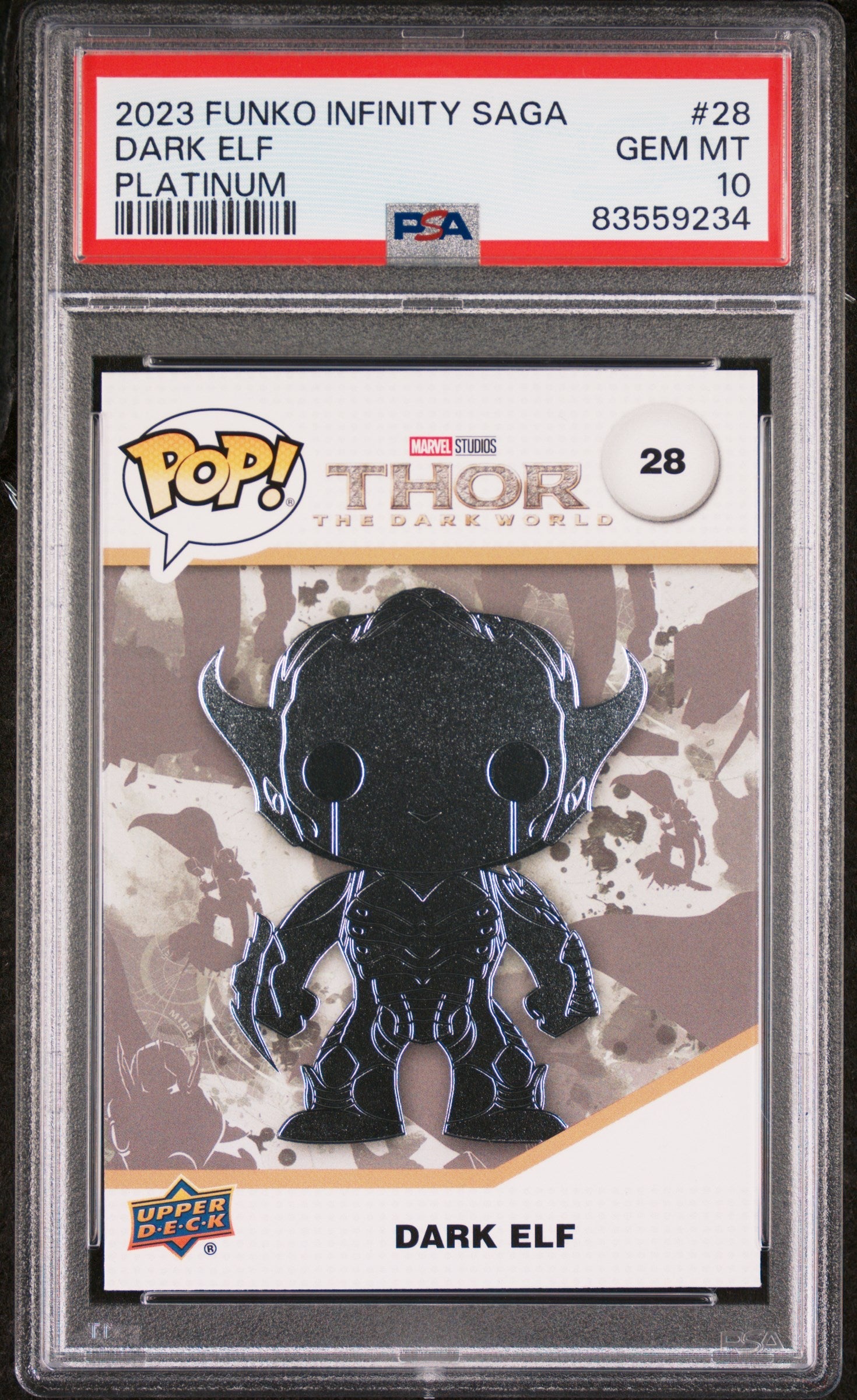 2023 UPPER DECK FUNKO POP MARVEL  DARK ELF PLATINUM #28  PSA 10 (Online Order Only)