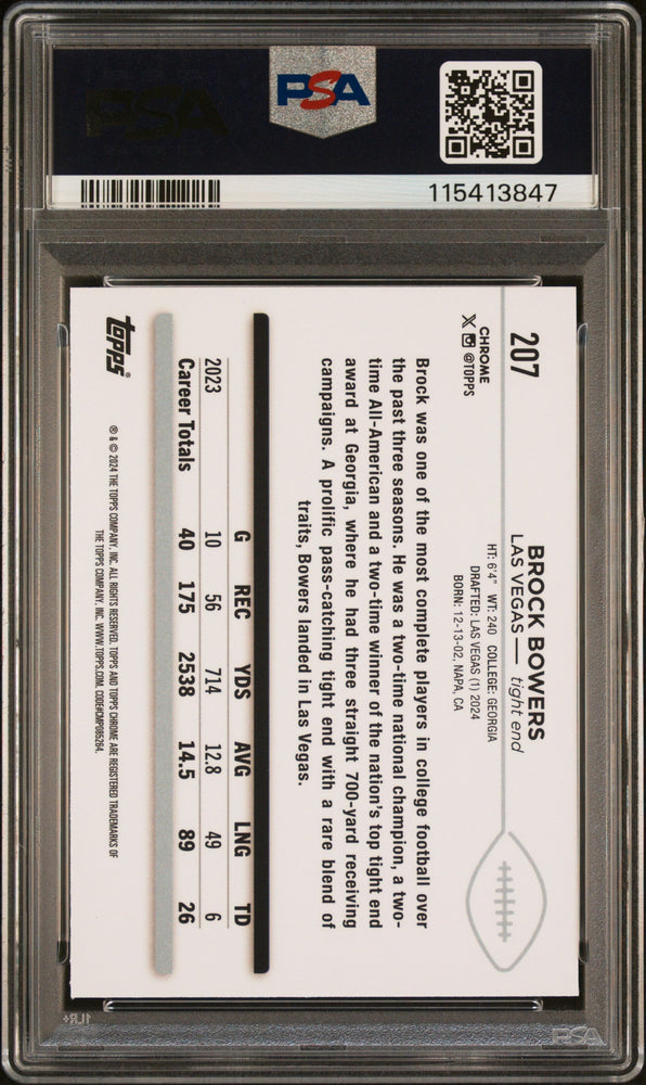 Graded 2024 Topps Chrome Brock Bowers #207 Rookie RC Football Card PSA 10 Gem Mint (ONLINE ORDER ONLY)