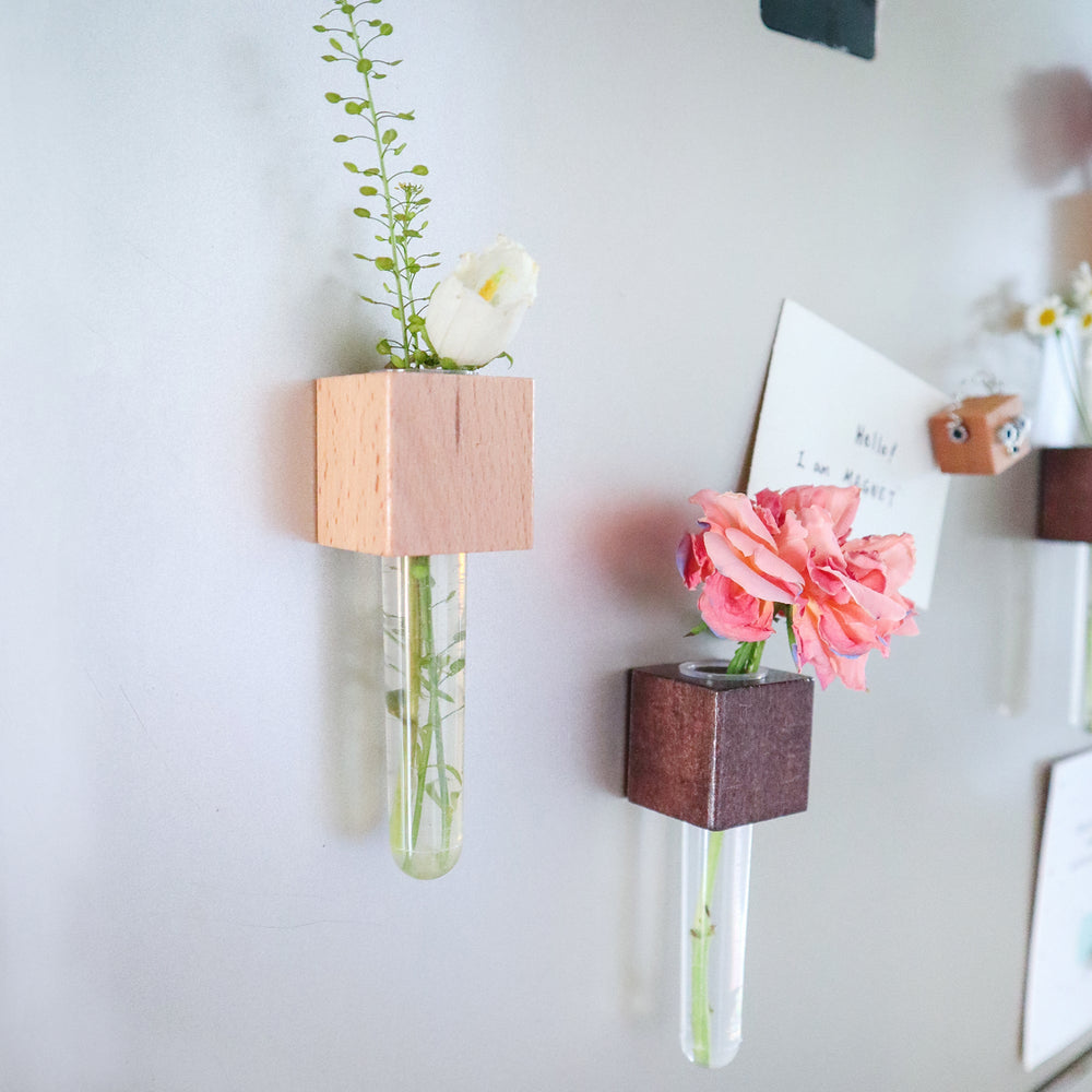 Mini Vase Magnets – Set of 2 – Beech & Walnut Wood – Decorative Fridge Magnets for Small Flowers or Greenery (ONLINE ORDER ONLY)