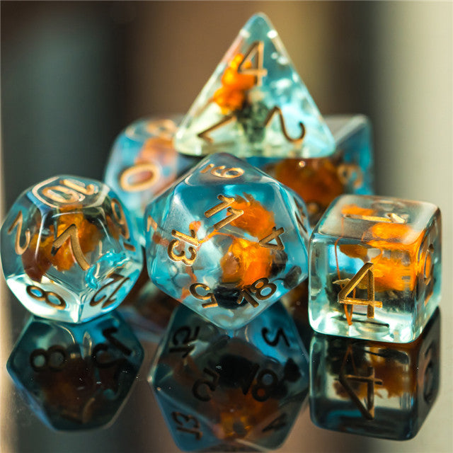 Orange & Grey Flower Dice  7-Dice Set Resin Dungeons and Dragons Dice (Gypsophila / Baby's-Breath) (Online Only)