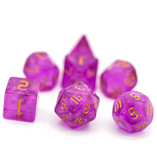 Violet Glitter Party Glitter Dice (Gold font) 7-Dice Set RPG DND (Online Only)