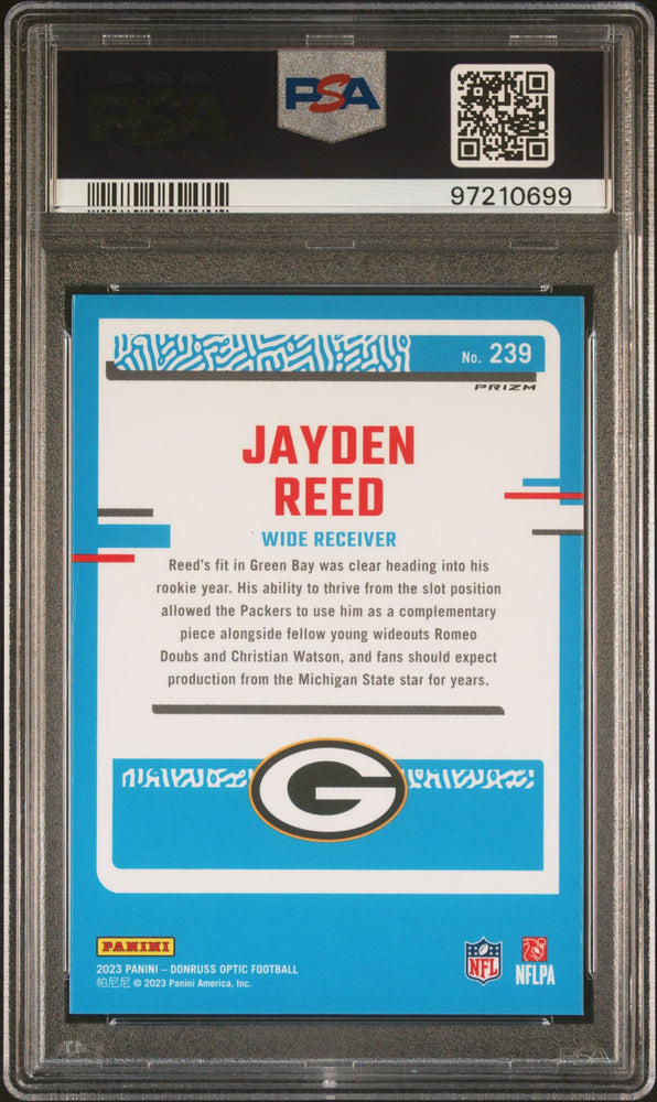 Graded 2023 Panini Donruss Optic Jayden Reed #239 Green Velocity Rookie RC Football Card PSA 10 Gem Mint (ONLINE ORDER ONLY)