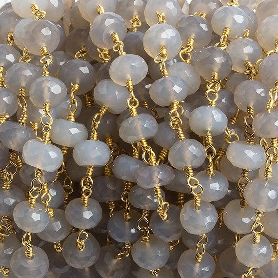 7mm Grey Chalcedony faceted rondelle Gold Chain by the foot 26 beads (ONLINE ORDER ONLY)
