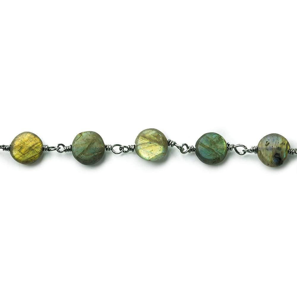 7mm Matte Labradorite plain coin Black Gold plated Chain by the foot 26 beads per (ONLINE ORDER ONLY)