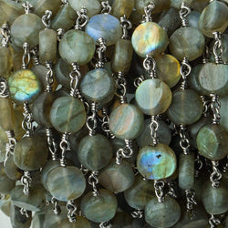 7mm Matte Labradorite plain coin Black Gold plated Chain by the foot 26 beads per (ONLINE ORDER ONLY)