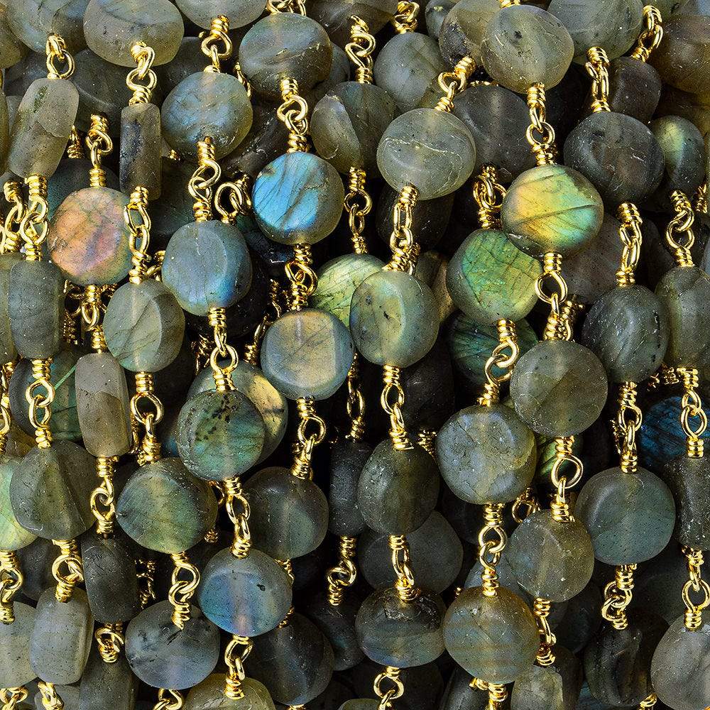 7mm Matte Labradorite plain coin Gold plated Chain by the foot 26 beads per (ONLINE ORDER ONLY)