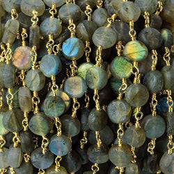 7mm Matte Labradorite plain coin Gold plated Chain by the foot 26 beads per (ONLINE ORDER ONLY)