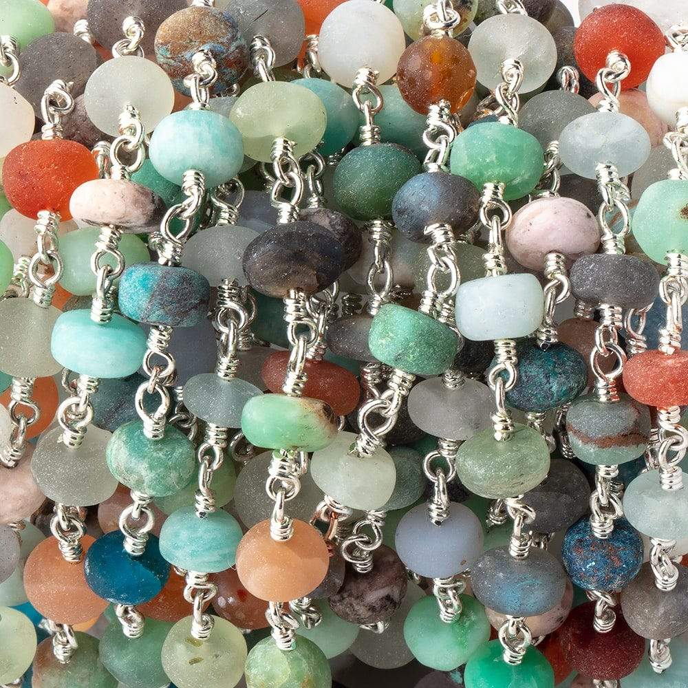 7mm Matte Multi Gem Plain Rondelles on Silver Plated Chain by the Foot 27 pcs (ONLINE ORDER ONLY)