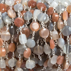 7mm Multi Color Moonstone coin Silver plated Chain by the foot 24 pieces (ONLINE ORDER ONLY)