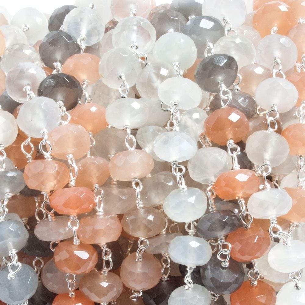 7mm Multi Moonstone faceted rondelle .925 Silver Chain 30 beads (ONLINE ORDER ONLY)