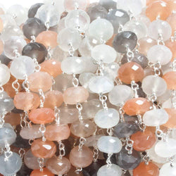 7mm Multi Moonstone faceted rondelle .925 Silver Chain 30 beads (ONLINE ORDER ONLY)