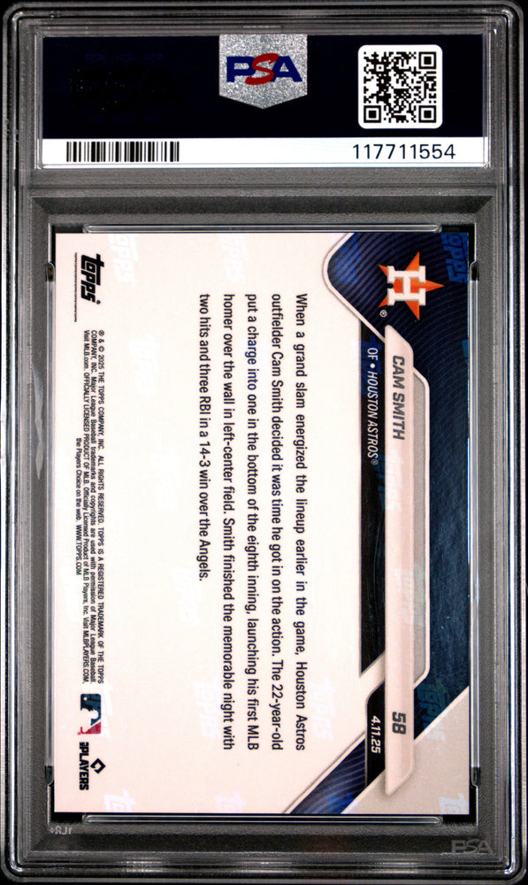 Graded 2025 Topps Now Cam Smith #58 Black Foil /10 Rookie RC Baseball Card PSA 10 Gem Mint (ONLINE ORDER ONLY)