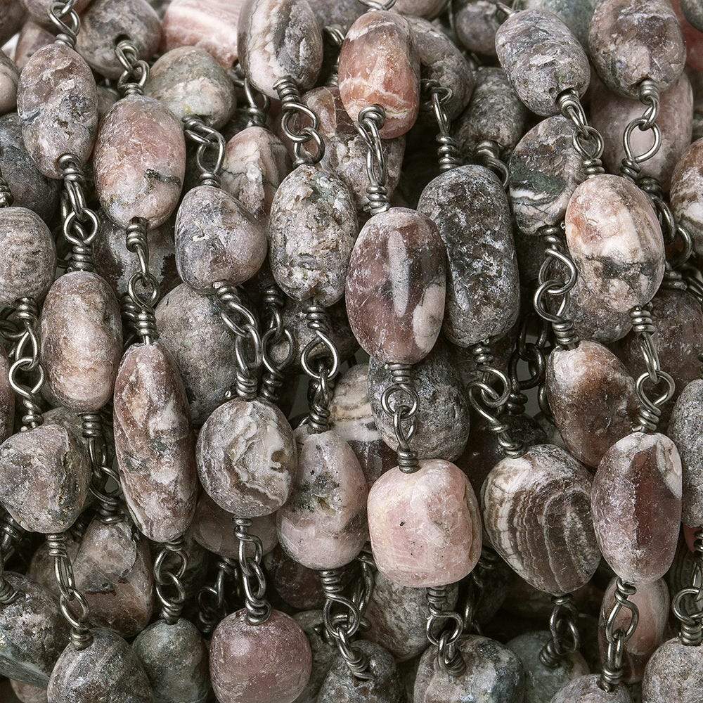 7x5-9x6mm Matte Chocolate Rhodochrosite plain nugget Black Gold plated Chain by the foot (ONLINE ORDER ONLY)