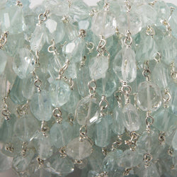 7x5-9x7mm Aquamarine & White Beryl faceted nugget Sterling Silver Chain (ONLINE ORDER ONLY)
