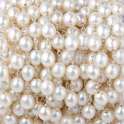7x5mm White Oval Pearl .925 Sterling Silver Chain by the foot 22 pcs (ONLINE ORDER ONLY)