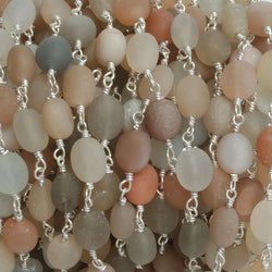 7x6-8x7mm Matte MultiColor Moonstone nugget Silver plated Chain by the foot with approximately 23 pcs (ONLINE ORDER ONLY)