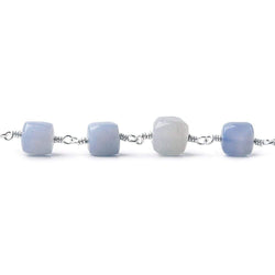 7x7-8.5x8.5mm Turkish Blue Chalcedony plain cube Silver plated Chain by the foot (ONLINE ORDER ONLY)