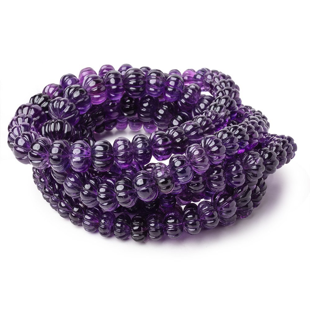 8-13.5mm Amethyst Hand Carved Melon Rondelles 18 inch 69 Beads AA (ONLINE ORDER ONLY)