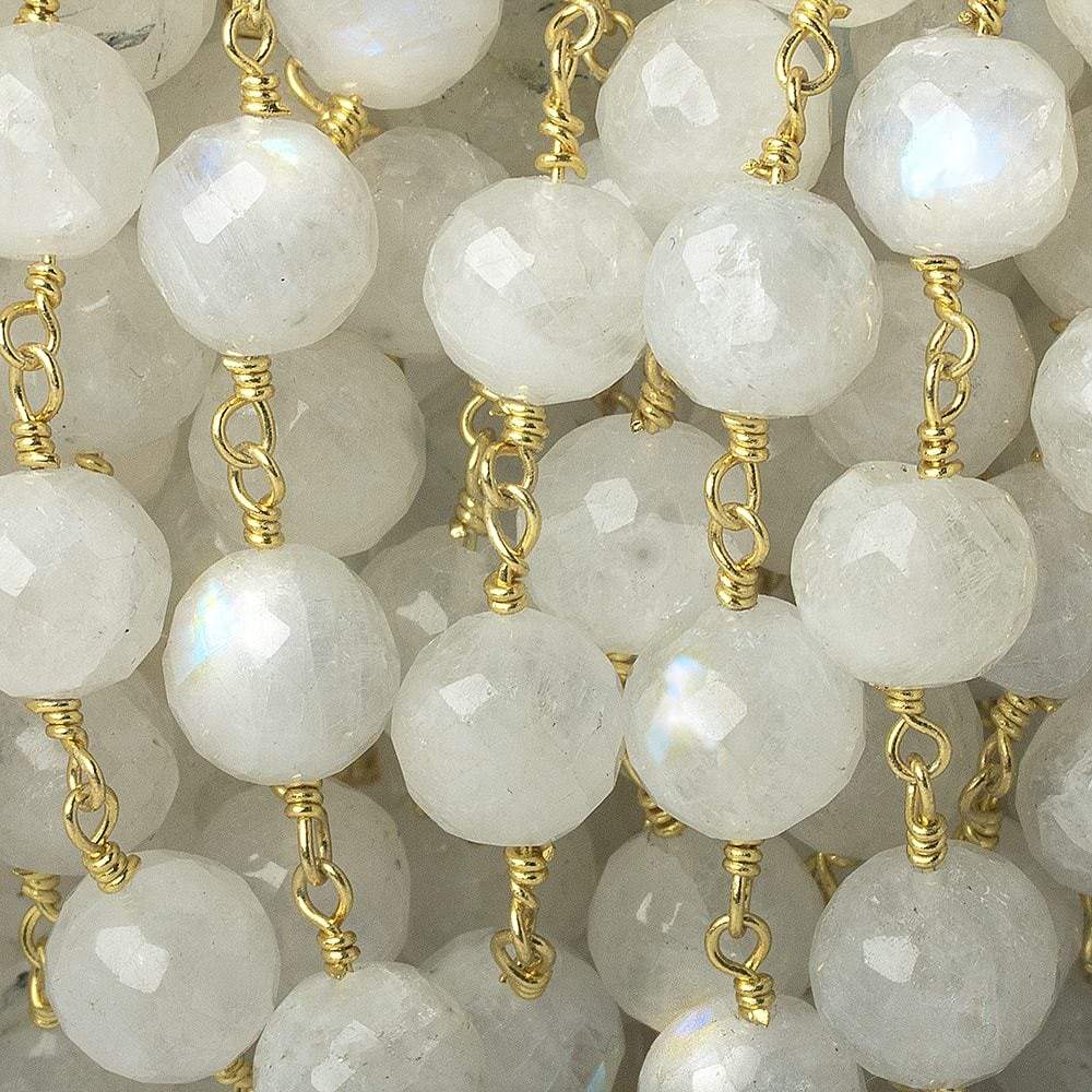 8-8.5mm Rainbow Moonstone faceted round Gold Chain by the foot 22 pieces (ONLINE ORDER ONLY)