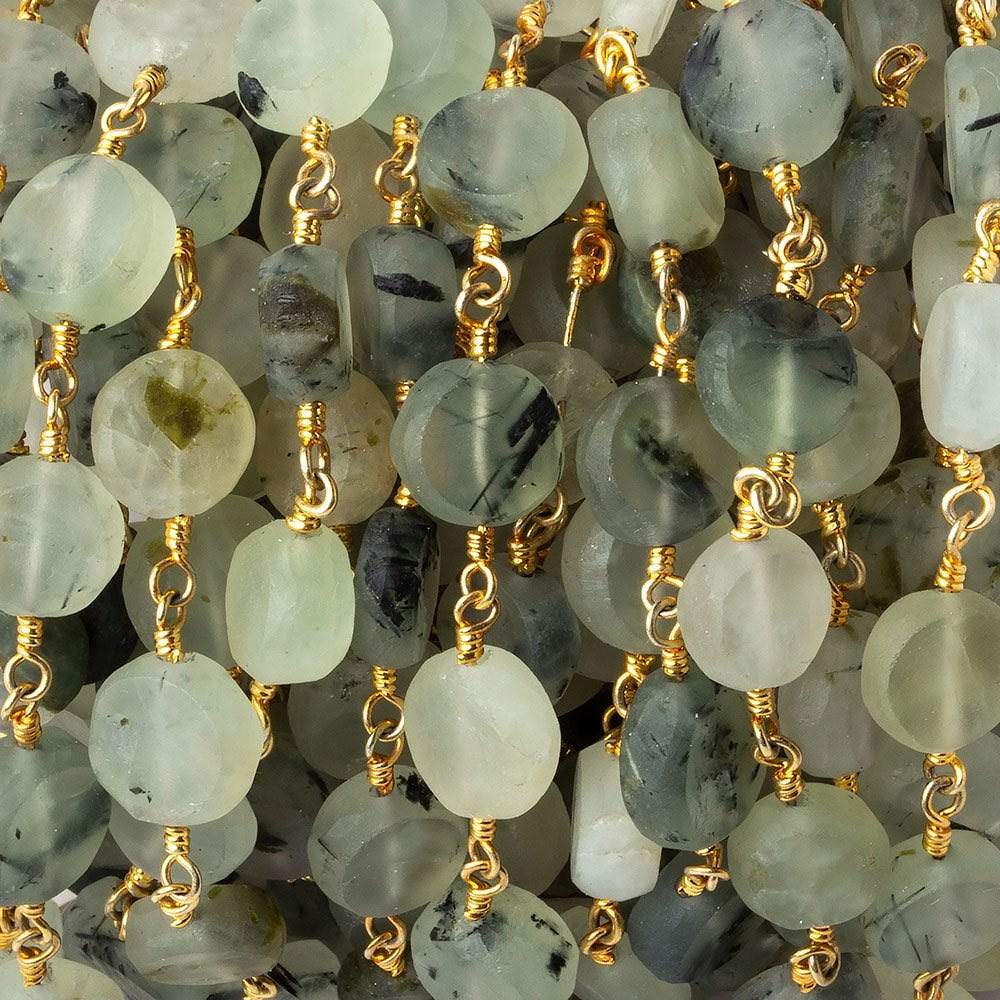 8-9mm Matte Dendritic Prehnite plain coin Gold plated Chain by the foot (ONLINE ORDER ONLY)
