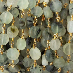 8-9mm Matte Dendritic Prehnite plain coin Gold plated Chain by the foot (ONLINE ORDER ONLY)