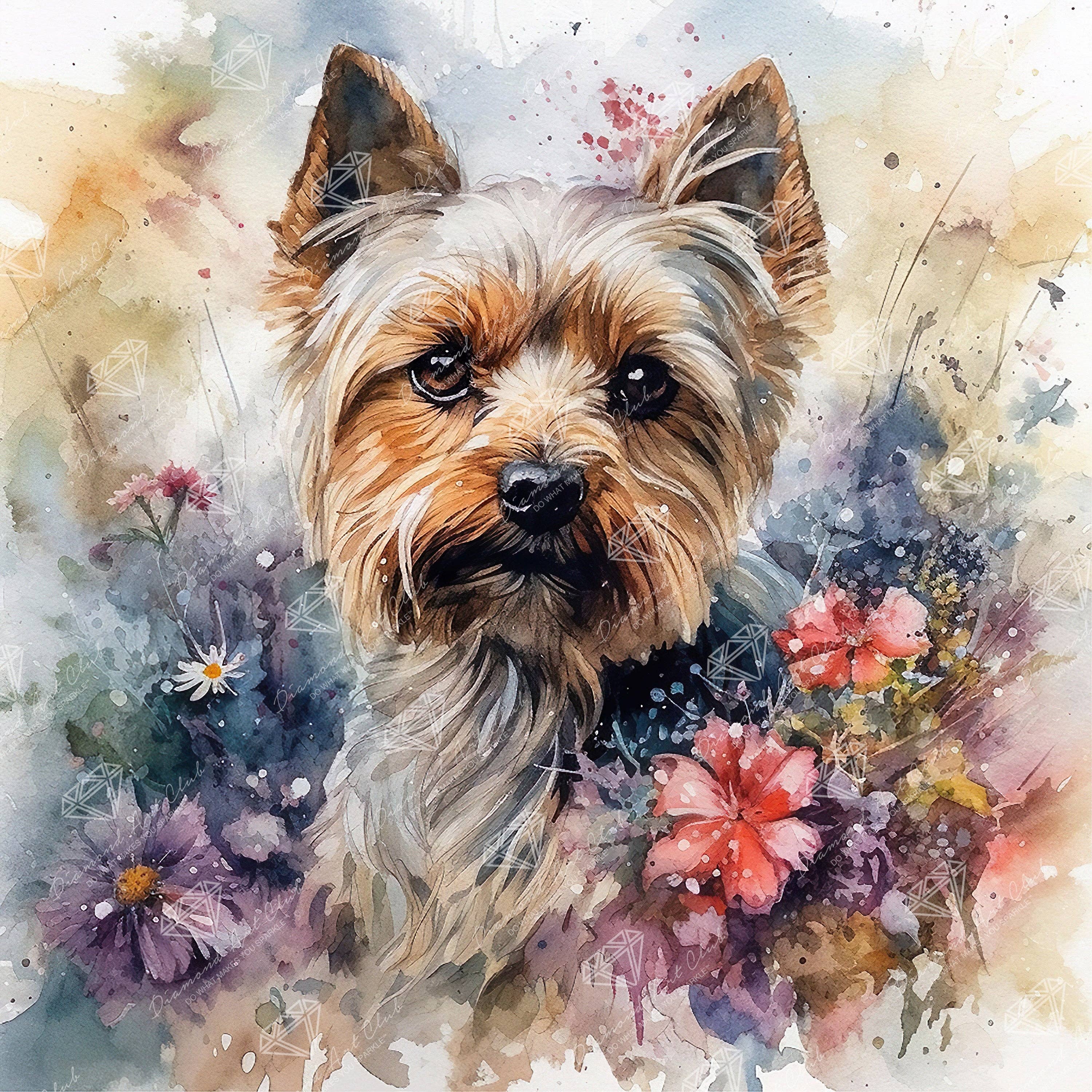 Diamond Art Club – Yorkie Diamond Painting with Spring Flowers (Round Drill, 22
