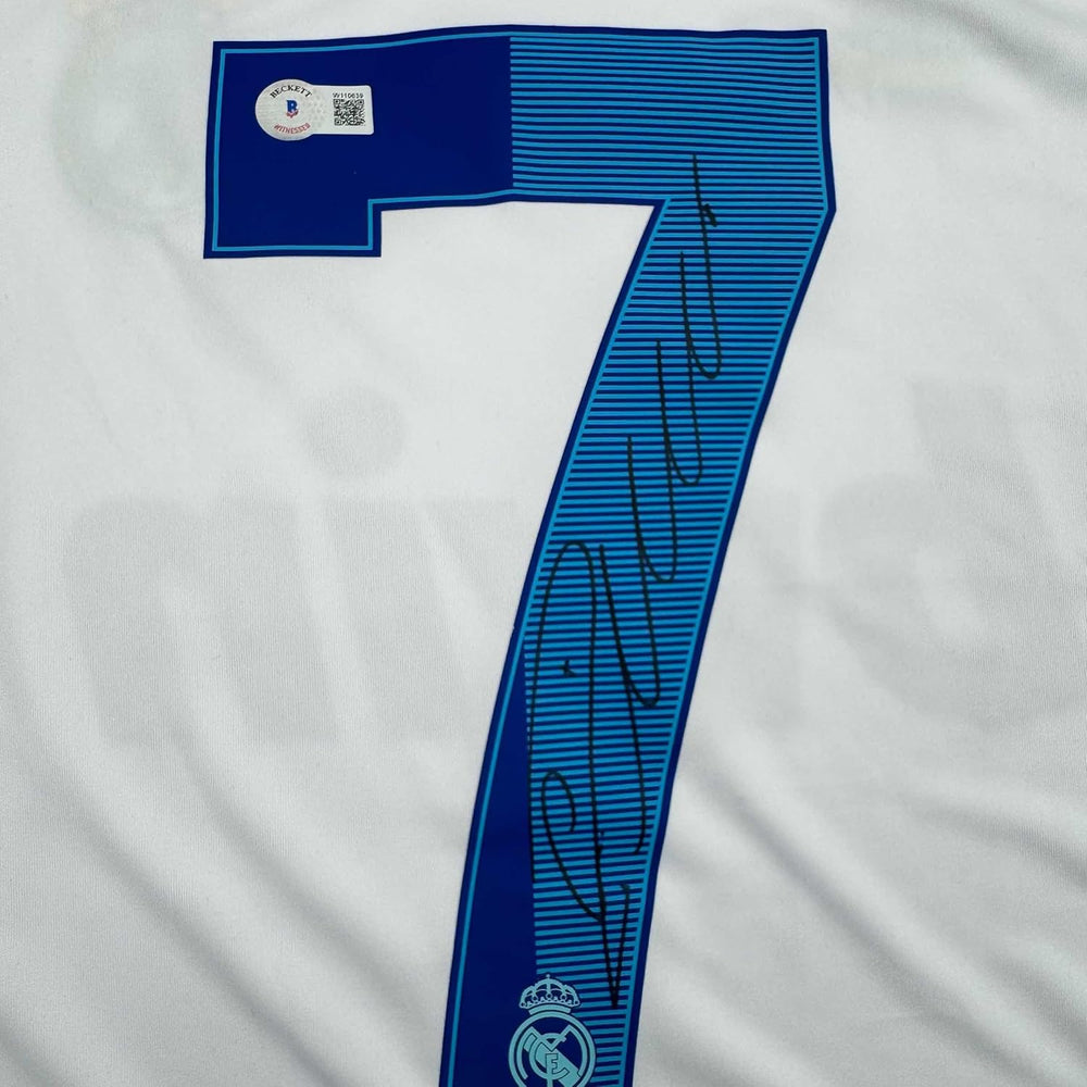 Framed Autographed/Signed Cristiano Ronaldo 35x39 Real Madrid White Soccer Jersey Beckett BAS COA (ONLINE ORDER ONLY)