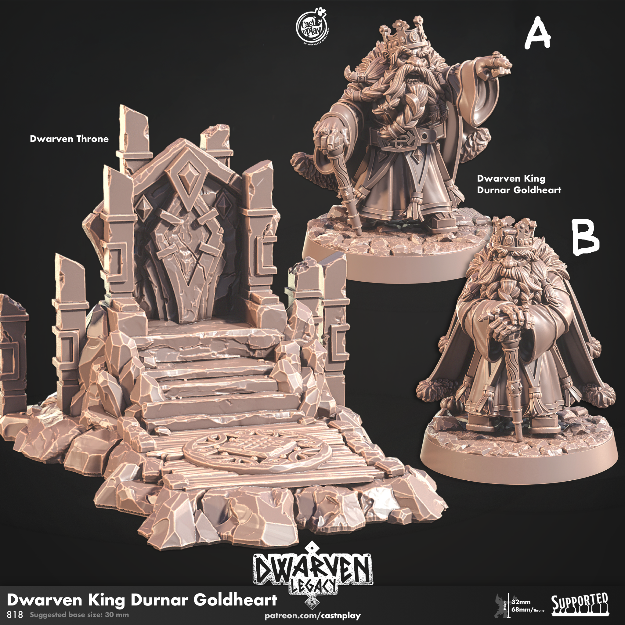 3D Printed Cast n Play Dwarven King Durnar Goldheart Dwarven Legacy Set 28mm 32mm D&D (Online Only)