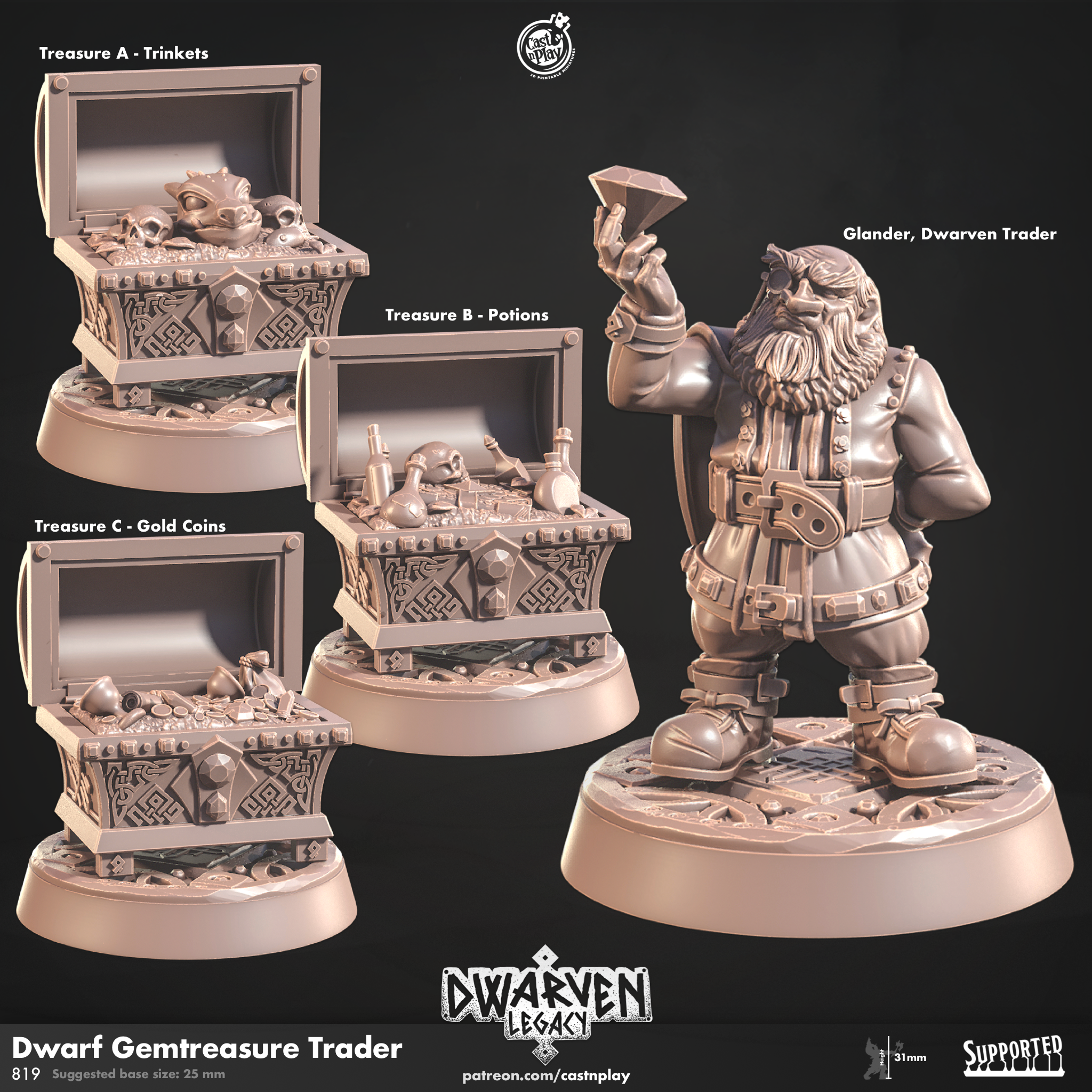 3D Printed Cast n Play Dwarf Gemtreasure Trader Dwarven Legacy Set 28mm 32mm D&D (Online Only)