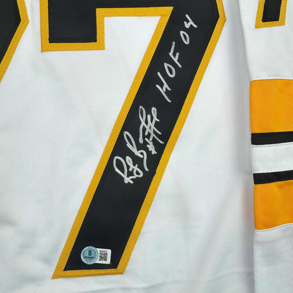 Framed Autographed/Signed Ray Bourque 35x39 Boston White Hockey Jersey JSA COA