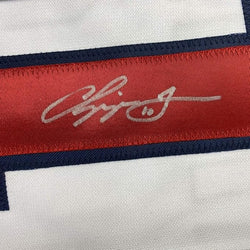 Framed Autographed/Signed Chipper Jones 35x39 Atlanta White Stat Baseball Jersey JSA COA