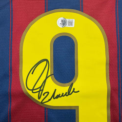 Framed Autographed/Signed Zlatan Ibrahimovic 35x39 FC Barcelona Soccer Jersey Beckett BAS COA