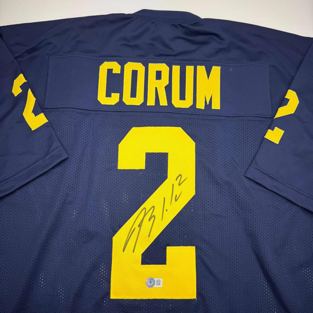 Framed Autographed/Signed Blake Corum Michigan 35x39 Blue Stat College Football Jersey Beckett BAS COA