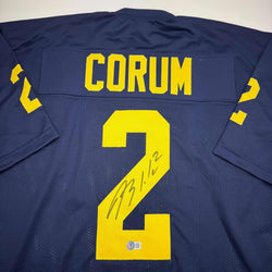Framed Autographed/Signed Blake Corum Michigan 35x39 Blue Stat College Football Jersey Beckett BAS COA