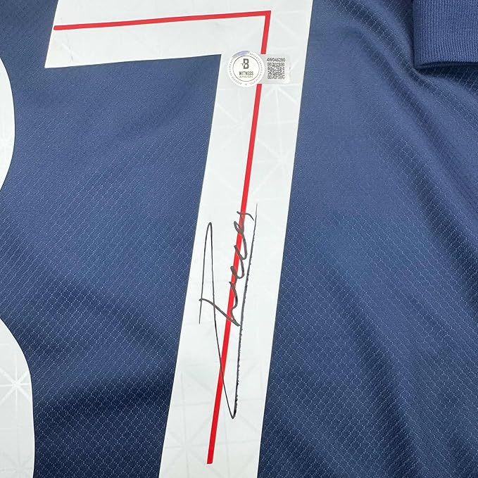 Framed Autographed/Signed Joao Neves 35x39 PSG Paris Saint Germain Blue Soccer Futbol Jersey Beckett BAS COA