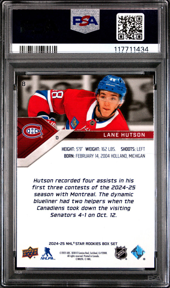 Graded 2024 Upper Deck Star Rookie Lane Hutson #8 Box Set Rookie RC Hockey Card PSA 9 Mint (ONLINE ORDER ONLY)