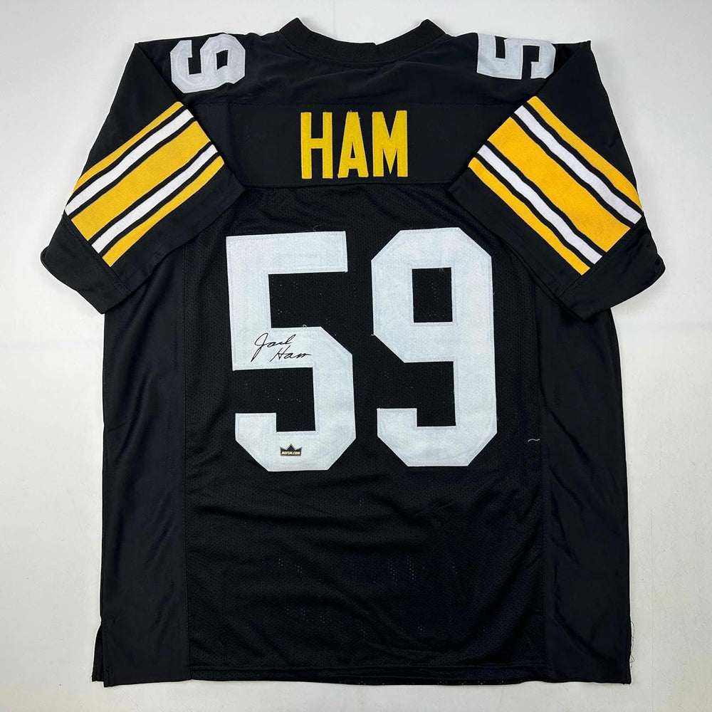 Facsimile Autographed Jack Ham Pittsburgh Black Reprint Laser Auto Football Jersey Size Men's XL (ONLINE ORDER ONLY)