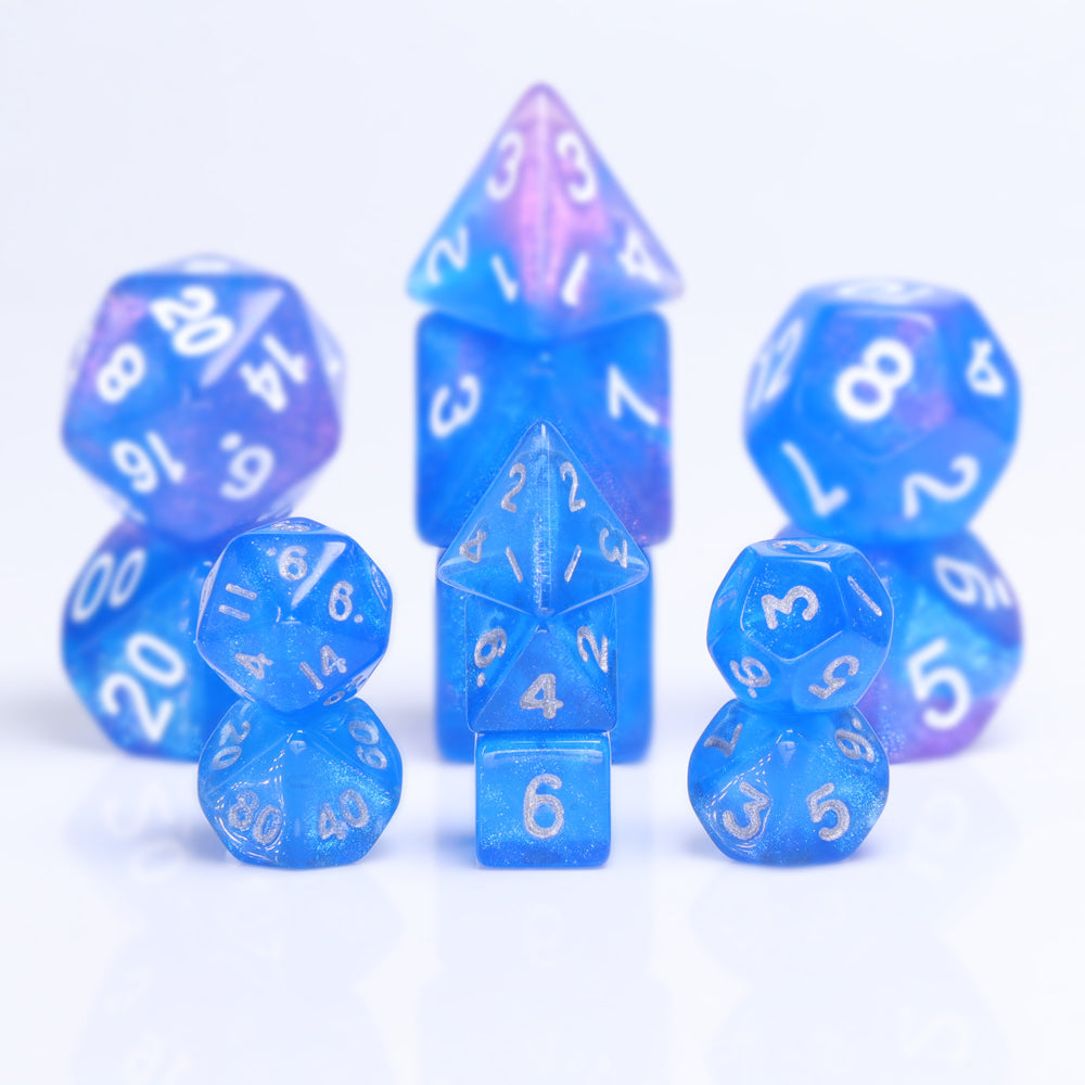 Glitter Blue 7-Dice Mini-Dice RPG Set w/Silver Numbers Miniature Dice (Online Only)