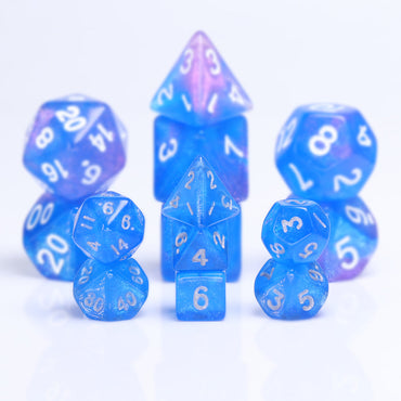 Glitter Blue 7-Dice Mini-Dice RPG Set w/Silver Numbers Miniature Dice (Online Only)