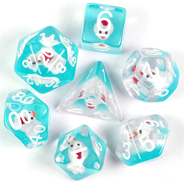 White Duck Red Hat on Blue 7-Dice Set w/White Numbers Dnd Dice Set (Online Only)