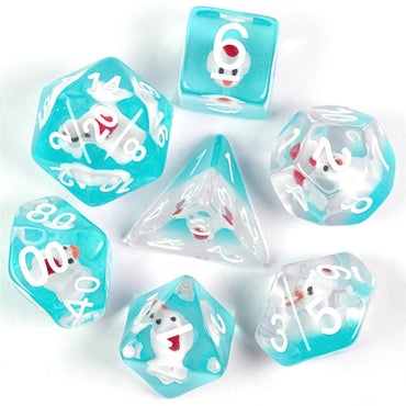 White Duck Red Hat on Blue 7-Dice Set w/White Numbers Dnd Dice Set (Online Only)