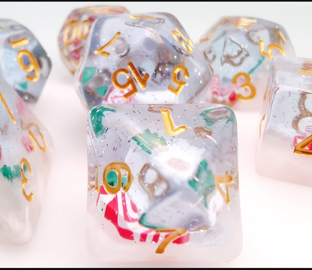 Red & White Stocking Inclusion with Frost and Tree 7-Dice Set RPG DND (Online Only)