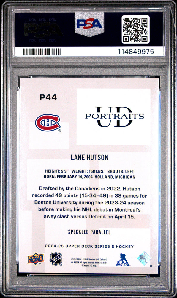 Graded 2024 Upper Deck Lane Hutson #P44 UD Portraits Speckle Rookie RC Hockey Card PSA 10 Gem Mint (ONLINE ORDER ONLY)