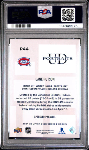 Graded 2024 Upper Deck Lane Hutson #P44 UD Portraits Speckle Rookie RC Hockey Card PSA 10 Gem Mint (ONLINE ORDER ONLY)