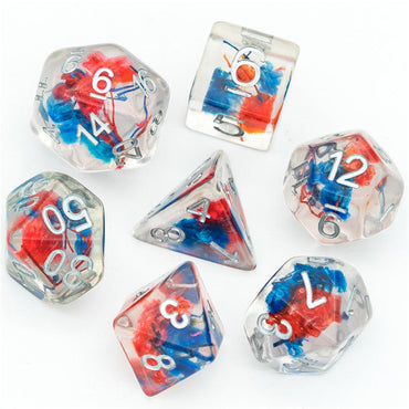 Blue & Red Clear Dice w/ Silver Numbers 7-Dice Set Rpg (Online Only)