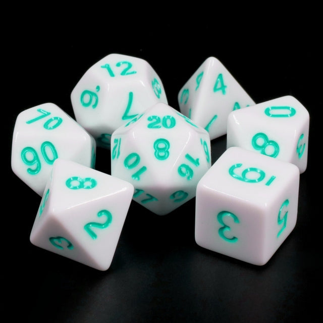 White Opaque with Teal Numbering 7-Dice Set RPG (Online Only)