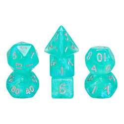 Glitter Teal 7-Dice Mini-Dice RPG Set w/Silver Numbers Miniature Dice (Online Only)
