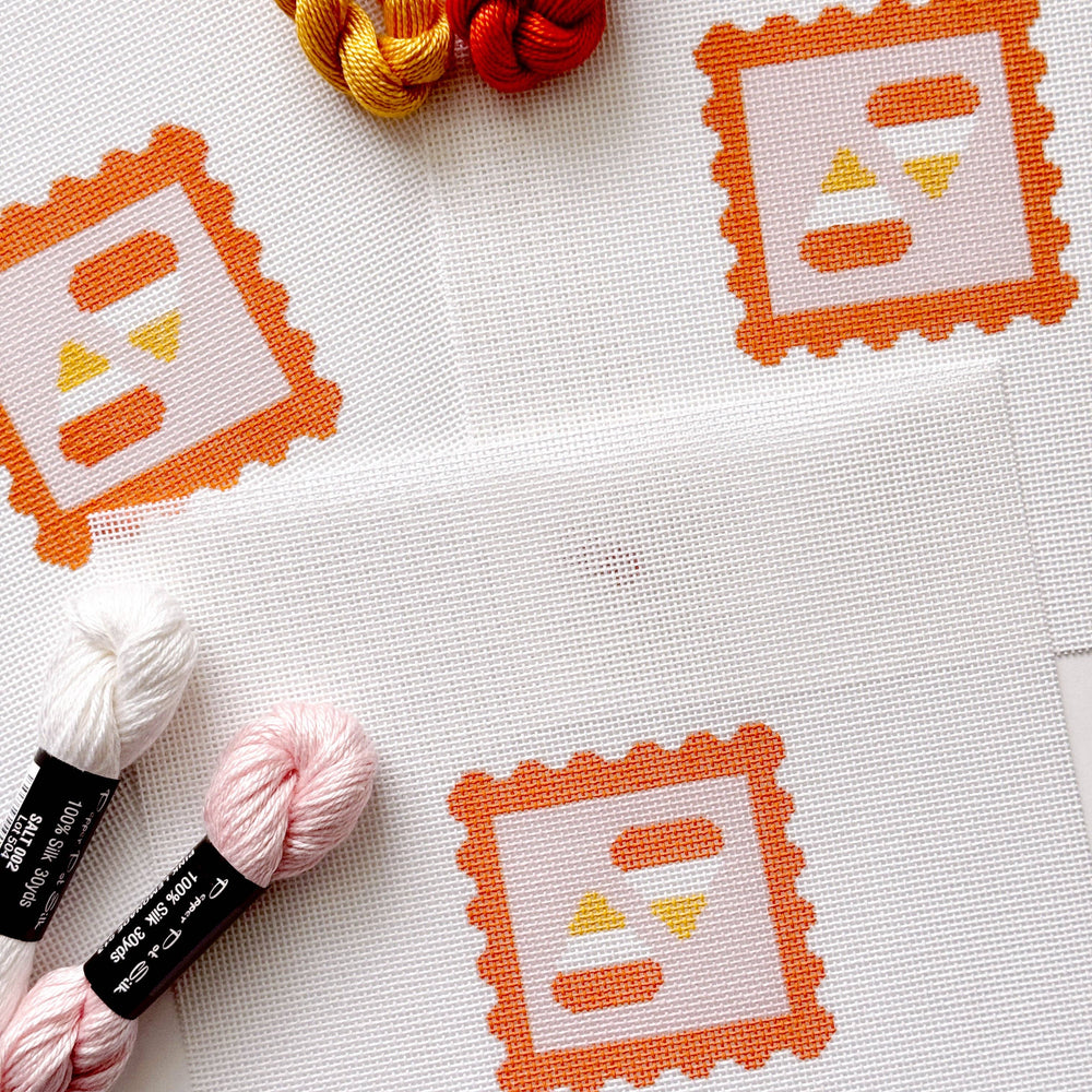 Cotswold Co Designs - Candy Corn Stamp Needlepoint Canvas – 18 Mesh Zweigart Mono Deluxe, 2.7" Hand Painted Fall Halloween Mini (ONLINE ORDER ONLY)